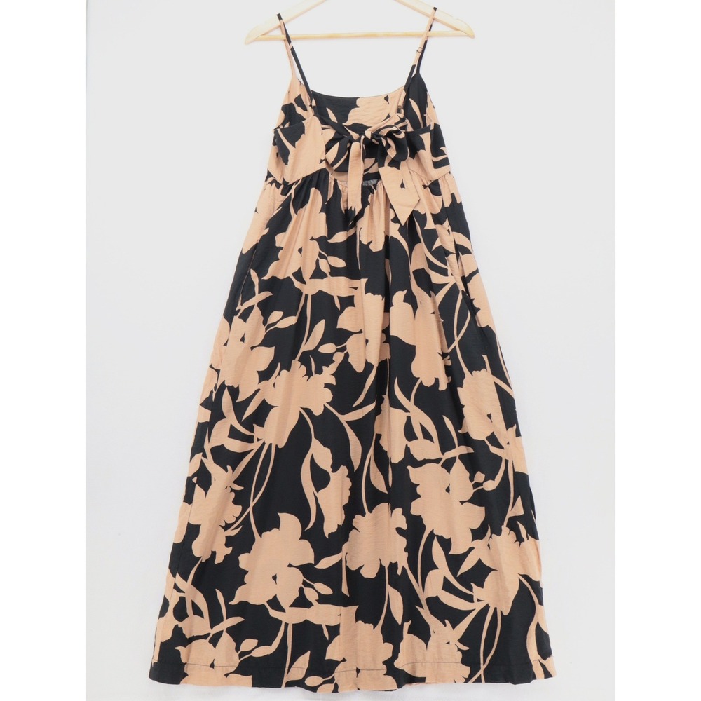 A‎ New Day Womens Size M Long Floral Maxi Dress Tan Black Tie Back Pockets